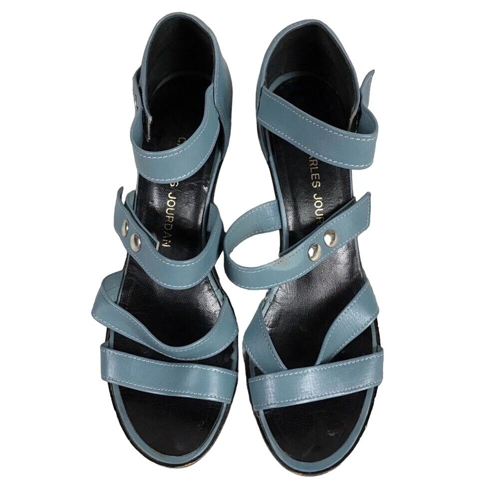 VINTAGE CHARLES JOURDAN Blue Leather Sandals Block Heels Italy 7.5 AA Narrow EUC